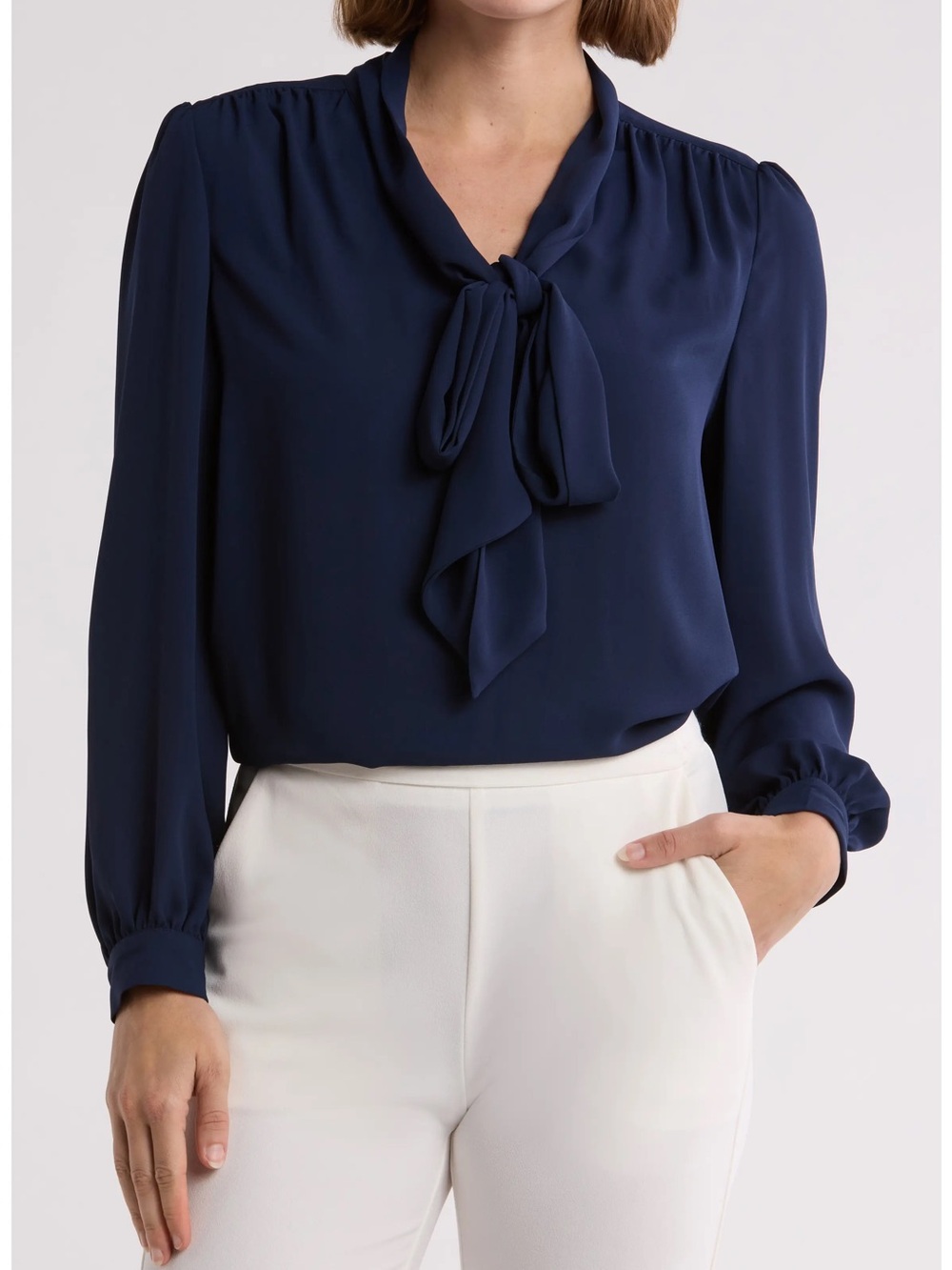 Gemma + Jane Women's Navy Tie-Neck Long Sleeve Blouse
